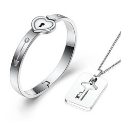 Once the bracelet is put on it won't come off with out his necklace! A true promise bracelet of real love! Heart Lock Bracelet & Key Necklace for couples is a reminder of true love. They are thought to be memorable gift for couples. A unique and romantic way to express your everlasting love and how its going to last forever! FEATURES: 100% new and high quality stainless steel. Fine workmanship color and lustre is bright beautiful made of AAA zircon. The inside dimension is 5.6 cm and the fac Locked Heart, Relationship Jewelry, Lock Bracelet, Promise Bracelet, Key Pendant Necklace, Bracelet Couple, Heart Lock, Lock Necklace, Crystal Jewelry Sets