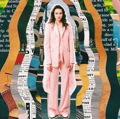 a woman in pink is standing next to a collage of images and words that are all over her body