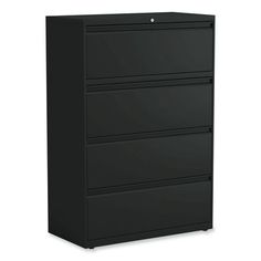 a black filing cabinet with three drawers on the bottom and one drawer in the middle