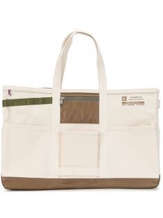 Beige/khaki green Alberton canvas tote bag from AS2OV featuring logo print to the front, top zip fastening, two top handles, main compartment, front zip-fastening compartment and slip pocket to the front. Garden Tote, Khaki Green, Canvas Tote Bag, White Bag, Logo Print, Canvas Tote, Diaper Bag, Gym Bag, Handles