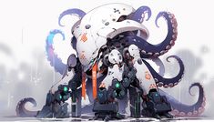 an octopus is standing in front of some robots