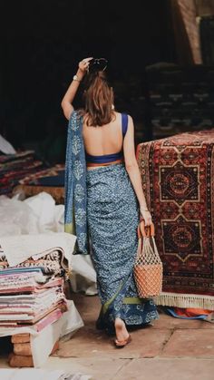 Summer Saree, Indian Fits, Indigo Saree, Iron Lady, Saree Ideas, Backless Blouse Designs, African Paintings, New Saree Blouse Designs