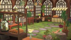 an animated image of a living room with lots of plants