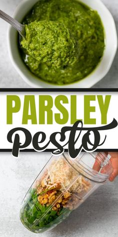 parsley pesto in a jar with a hand holding it over the bowl and next to it is a salad