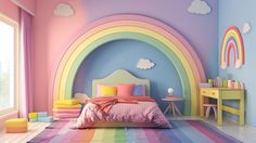 a child's bedroom decorated in pastel colors with rainbows and clouds on the walls