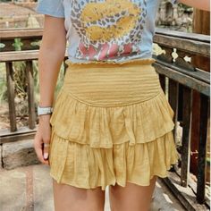 Brand New! Well Made! A Stretchy, Tiered Skirt In Mini Length. Features A Wide A Smocked Waist, Ruffled Hem On Both Ends, An Elastic Band, And A Dark Yellow Hue. Boutique. Fit: S (4-6) M (8-10) L (10-12) Boho Bohemian Hippy Desert Cowgirl Rocker Chic Vintage Retro Southern Chic Aerie Photo Shoot Beach Cover Up Pleated Skirt Skort Sexy Skater Short Skirt Mustard Ruffle Skirt Festival Coachella Yellow Bohemian Skirt With Ruffles, Yellow Bohemian Ruffled Skirt, Fitted Yellow Tiered Mini Skirt, Yellow Flowy Mini Skirt, Bohemian Cotton Ruffle Mini Skirt, Photo Shoot Beach, Desert Cowgirl, Pink Denim Skirt, Frill Skirt