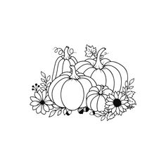 a black and white drawing of pumpkins with flowers