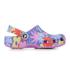 A refreshing floral graphic provides extra style to this version of the iconic clog. The unique graphic helps you show off your creative spirit, and Croslite™ foam construction keeps them light and easy to wear. Grounded in comfort, spiked with personality. Floral graphic, Incredibly light and fun to wear, Ventilation ports add breathability and help shed water and debris, Pivoting heel straps for a more secure fit, Customizable with Jibbitz™ charms, Iconic Crocs Comfort™: Lightweight. Flexible. Spring Purple Synthetic Clogs, Casual Purple Clogs For Spring, Fun Beach Clogs For Spring, Fun Synthetic Clogs For Spring, Fun Non-slip Spring Clogs, Fun Spring Clogs, Fun Multicolor Clogs For Spring, Spring Multicolor Non-slip Clogs, Boat Slip