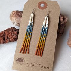 Bend Oregon Inspired Short Beaded Fringe Earrings – Wyld Terra Short Beaded Earrings, Fringe Beaded Earrings, Snow Cap, Dry Desert, Beaded Fringe Earrings, Exploring Nature, High Desert, Warm Yellow, White Snow