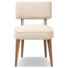 an upholstered chair with wooden legs and a beige fabric seat pad on a white background