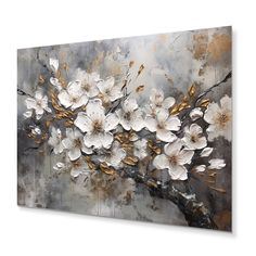 an abstract painting with white flowers and gold leaves on a gray background is featured in the foreground