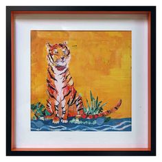 a painting of a tiger sitting on top of a plant in front of an orange background