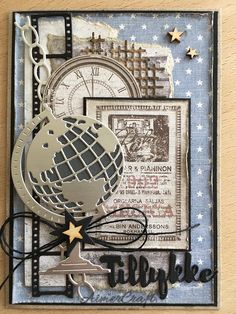 a card with a globe and stars on it