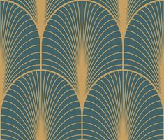 an art deco style wallpaper with gold and blue fan shaped designs on it's sides