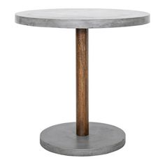 a round table with a wooden base and grey concrete top, on a white background