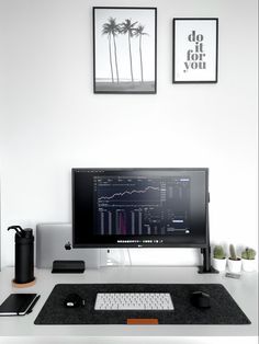 a computer monitor sitting on top of a desk next to a keyboard and mouse pad