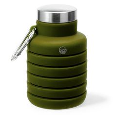 a green stainless steel flask with a key chain