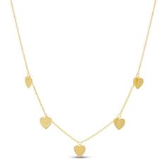 Hearts styled in 14K yellow gold dangle from a cable chain in this sweet choker necklace for her. The necklace adjusts to 17 inches in length and secures with a lobster clasp. Valentine's Day Dangle Necklaces With Charms, Valentine's Day Dangling Charms Necklaces, Valentine's Day Necklace With Dangling Charms, Dainty Necklace With Dangling Charms For Valentine's Day, Dainty Valentine's Day Necklace With Dangling Charms, Charm Choker Necklace, Heart Necklaces, Necklace For Her, Gold Heart Necklace