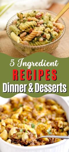 the recipe for dinner and desserts is shown in this collage with text overlay