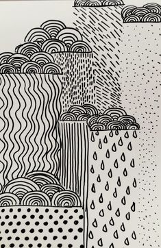 black and white drawing of rain falling from the sky, with dots on it's surface