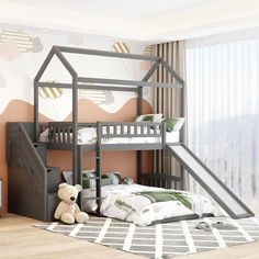 a child's bedroom with a bunk bed and stairs