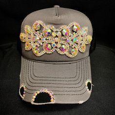 Gray & Black Rhinestone Trucker Hat, One Size Fits Most, Adjustable Adjustable Baseball Cap With Bling, Adjustable Black Hats With Rhinestones, Adjustable Black Hat With Rhinestones, Adjustable Rhinestone Baseball Cap For Party, Black Adjustable Embellished Hats, Adjustable Rhinestone Cap, Rhinestone Baseball Cap, Custom Trucker Hats, Hat Ideas