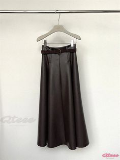 Qteee - Womens High-Waisted Leather Skirt: Elegant Coffee-colored Midi Skirt with Broad A-line and Stylish Black Leather Umbrella Design Chic Brown A-line Bottoms, Chic Brown A-line Skirt, Fall Brown Belted Skirt, Chic Full Length Brown Skirt, Chic Full-length Brown Skirt, Chic Brown Full-length Skirt, Brown Full Length Skirt For Spring, Brown Full-length Skirt For Spring, Brown Solid Color Skirt For Fall