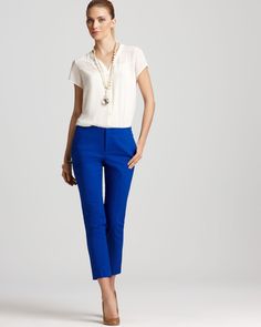 royal blue pants. trying to find what to wear on the top. Spring Office Wear Pants With Straight Hem, Elegant Blue Pants With Straight Hem, Chic Blue Bottoms With Straight Hem, Chic Tailored Blue Pants, Blue Bottoms With Straight Hem For Work, Blue Workwear Bottoms With Straight Hem, Cobalt Blue Outfit Color Combos, Blue Straight Hem Pants For Summer, Blue Straight Hem Bottoms For Work