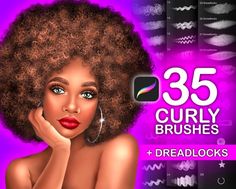 35 Curls and Waves Hair Brushes (FOR PROCREATE) 35 Curls and Waves Hair Brushes for Procreate, easy, and fast to use! I hope you enjoy it! ► This pack includes: • 35 exclusive single brushes (ONLY Procreate) • A small instruction for setting brushes for Procreate • $ 1 bonus for feedback ► You Hair Brush Procreate, How To Draw Afro Hair, Afro Hair Brush, Black Hair Brush, Afro Hair Drawing, Black Hair Types, Curly Hair Brush, Brush Procreate, Easy Curls