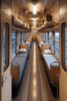 the inside of a train car with several beds on each side and windows to both sides