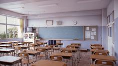 an empty classroom filled with wooden desks and chairs