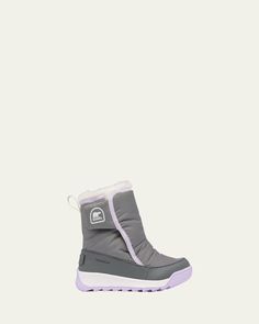 Sorel "Whitney II" logoprint waterproof booties with fleece trim in nylon    Chunky heel    Round toe    Grip strap vamp    Pull up tab    Rubber outsole    Nylon/polyamide     Imported Pull Up, Pull Ups, Chunky Heel, Chunky Heels, Kids Shoes, Tops Designs, Trim, Luxury Fashion, Heels