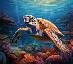 a painting of a sea turtle swimming in the ocean with corals and other marine life