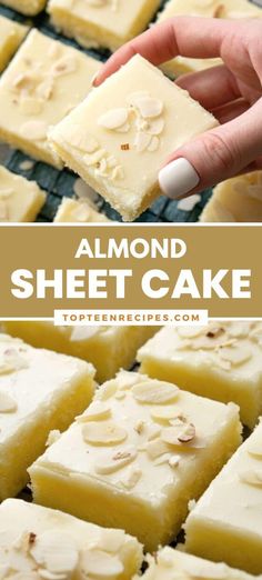 almond sheet cake on a cooling rack with text overlay