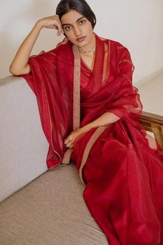 Shop for Nishar Ahmed Red Silk Organza Saree With Blouse for Women Online at Aza Fashions Organza Saree With Blouse, Red Silk Saree, Gota Patti Saree, Saree For Women, Simple Sarees, Traditional Indian Outfits, Embroidered Border, Red Saree, Trendy Blouse Designs