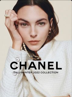 a woman with her hand on her head and the words chanel fall winter 2020 collection