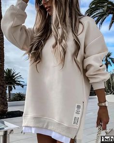 Fisdy - Vestido sudadera con cremallera de manga larga para mujer Hoodies Womens Fashion, Solid Hoodie, Oversize Pullover, Looks Party, Loose Fabric, Sports Style, Sweatshirt Zipper, Dress 2024, Loose Pullover