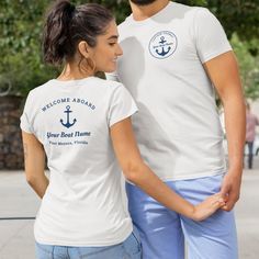 Custom nautical t-shirt design features a simple, stylish navy blue coastal style design on the front and back with boat anchor accent and Welcome Aboard message on the back. Personalize the custom text with the name of the boat, boat owner / captain, location, or other preferred wording. Navy blue color can be modified. Boat Name, Mens Cotton Shorts, Boat Names, Tee Shirt Homme, Navy Blue Color, Motivational Quote, Cotton Shorts, Mens Tees, Short Sleeve Shirt