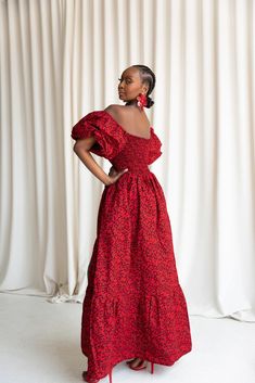 Red Printed Wedding Dress, Floor-length Smocked Back Dress For Vacation, Floor-length Smocked Back Vacation Dress, Floor-length Printed Dress For Wedding, Vacation Maxi Dress With Fitted Bodice, Fitted Bodice Maxi Dress For Vacation, Fitted Party Maxi Dress With Smocked Back, Floor-length Vacation Dress With Smocked Back, Floor-length Printed Wedding Dress