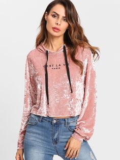 Half Jacket, Velvet Hoodie, Crop Hoodie, Velvet Fashion, Wide Sleeves, Crushed Velvet, Teen Fashion Outfits, Cropped Hoodie, Latest Fashion For Women