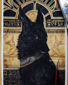 a painting of a black dog with an egyptian design on it's chest and collar