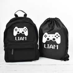 A lovely Personalised Gaming Backpack especially printed for your little boy. This sweet Gamer School Bag is the perfect size and has your child's name on. This lovely Gamer Rucksack, Boys School Backpack can be used for nursery, school, church or clubs. A mini toddler starting school size. Featuring a gamer console control. Kids Children Student Backpack, Back To School bags are a lovely choice. Dimensions- JUNIOR: 38 x 28 x 19cm INFANT: 33 x 24 x 17cm ----------------------------------------- Cute Black Backpack For End Of School Year, Customizable Black Travel Backpack, Customizable Black Backpack For Everyday Use, Black School Bags For Gift, Rectangular Backpack For End Of School Year Gift, Rectangular Backpack Gift For End Of School Year, Black Bags For Back To School Gift, Back To School White Backpack, Black Back-to-school Bag Gift