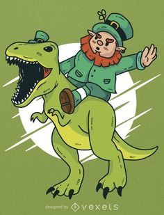 a man riding on the back of a dinosaur wearing a lepreite hat and green jacket