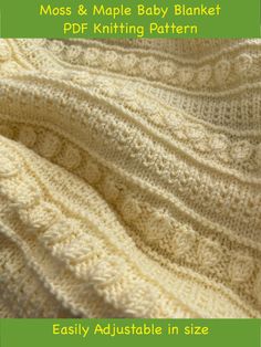 the knitting pattern for moss and maple baby blanket is shown in white, with text overlay