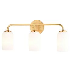 three light bathroom fixture in an antique brass finish with frosted glass shades and two bulbs