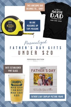 father's day gift guide for him and her with the text fathers day gifts under $ 20