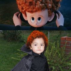 two different pictures of a child with red hair