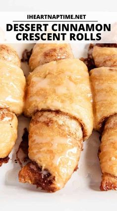 dessert crescent rolls on a white plate with the words desert crescent rolls