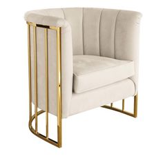 a white chair with gold legs and a beige upholstered seat