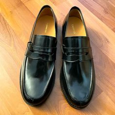 Never Worn Size 10 Black Moc Toe Oxfords For Semi-formal Occasions, Black Almond Toe Shoes For Business Casual, Black Plain Toe Dress Shoes For Business Casual, Black Casual Loafers With Goodyear Welt, Casual Black Goodyear Welted Loafers, Black Plain Toe Loafers For Business, Masculine Black Oxfords For Semi-formal Occasions, Masculine Black Slip-on Dress Shoes, Black Semi-formal Oxfords